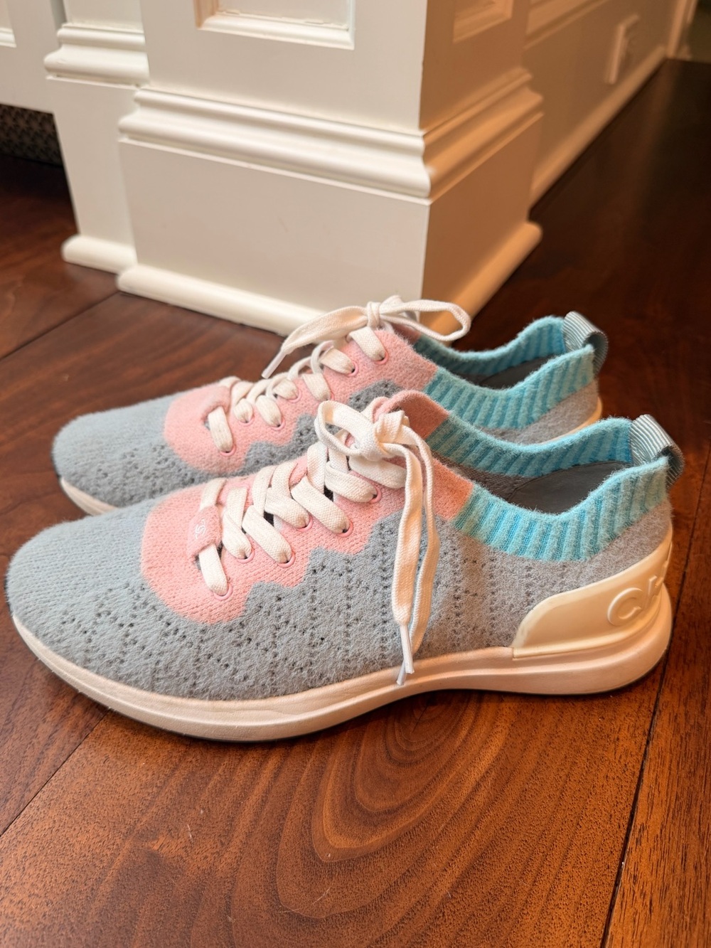 Chanel Sneakers with Pink Accents and Blue Collar